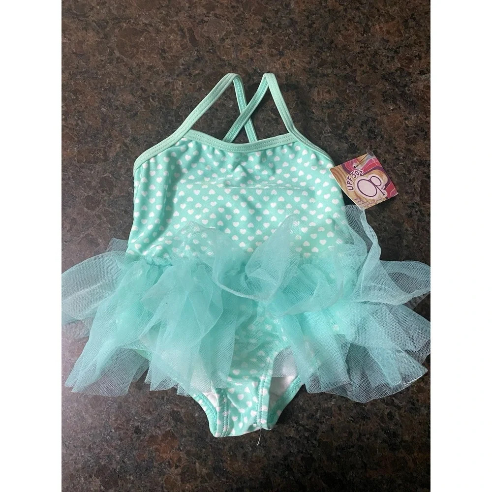 OP ‎ Ocean Pacific Teal Baby Tutu White Hearts Size 6-9M Bathing Suit Swimsuit